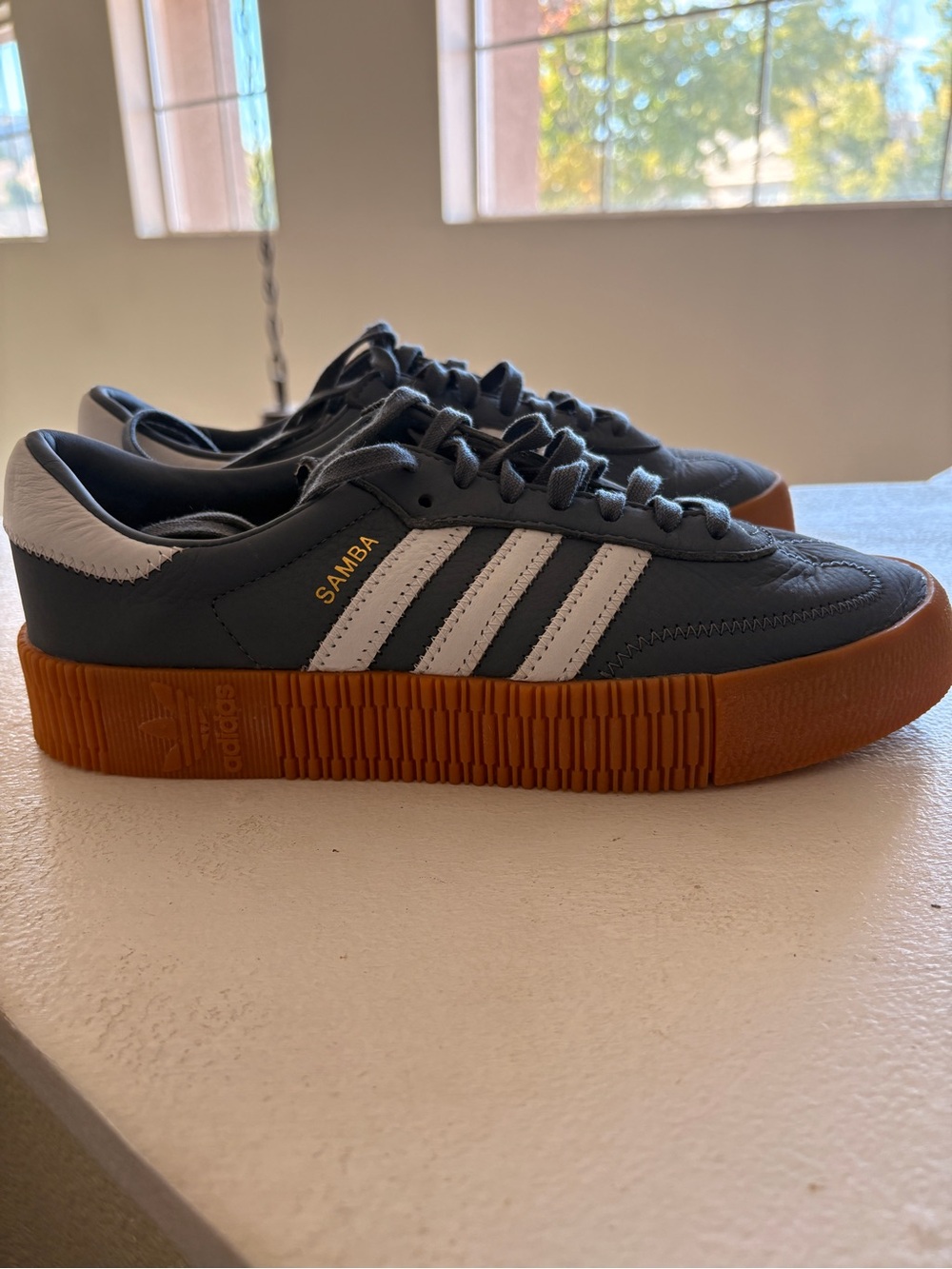 adidas Samba Platform Sneakers in Blueish Gray, White & Gum - NEW